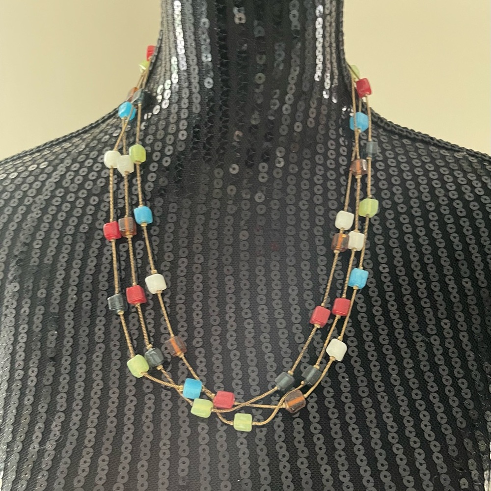 Vintage Three Strand Multi Coloured Stone Necklace.